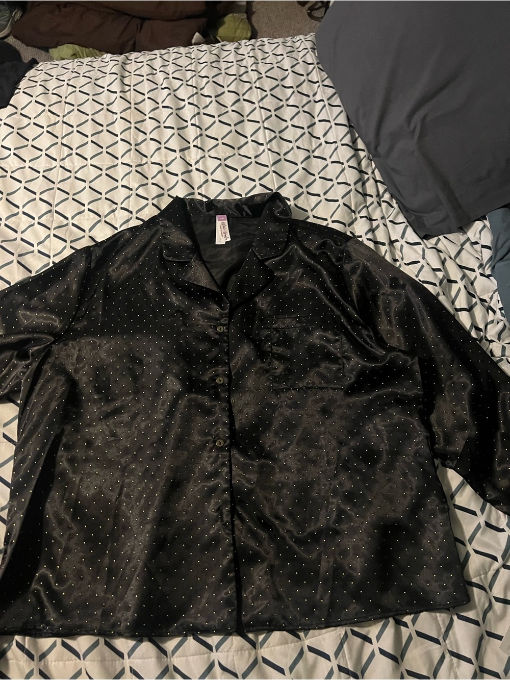 Classic Black Satin Polka Dot Pajama Top by